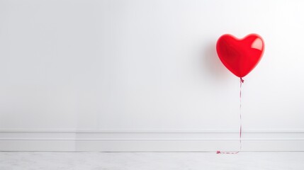  a red balloon in the shape of a heart hangs on a white wall in a room with a white floor and a white wall behind it is a white wall.