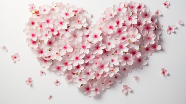 a heart - shaped arrangement of pink flowers on a white background, with petals scattered all over the top of the image and the bottom half of the heart in the middle of the frame.