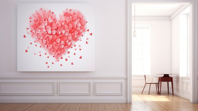  a heart - shaped painting hangs on a white wall in a white room with a wooden floor and a red chair in the foreground and a red chair in the foreground.