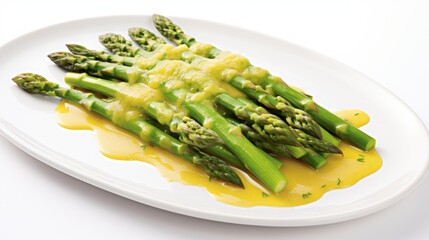 cooked asparagus in a plate on the table.