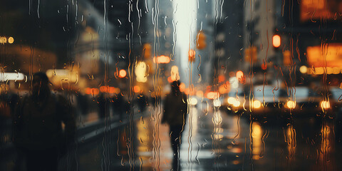 Personas en una ciudad vistas a través de un cristal mojado con gotas de agua - obrazy, fototapety, plakaty