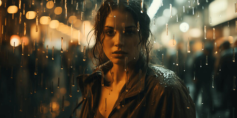 Mujer en la calle vista a través de un cristal mojado con gotas de agua - obrazy, fototapety, plakaty