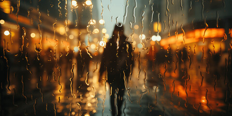 Personas en una ciudad vistas a través de un cristal mojado con gotas de agua - obrazy, fototapety, plakaty