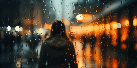 Mujer en la calle vista a través de un cristal mojado con gotas de agua