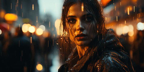 Mujer en la calle vista a través de un cristal mojado con gotas de agua - obrazy, fototapety, plakaty