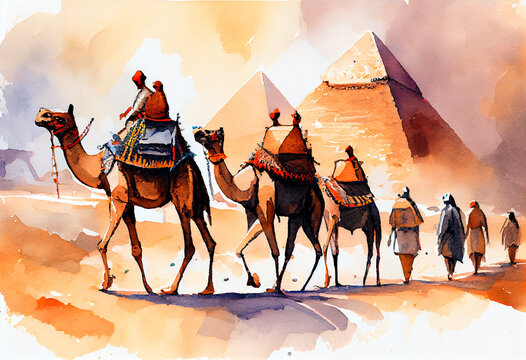 Egypt, camels. Artwork watercolor. AI generative