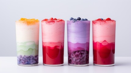 fruit smoothies in transparent glass glasses set.