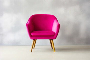 Pink chair with wooden legs and white wall.