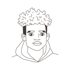 Portrait of young African man in doodle hand drawn style. Guys avatar, face, head, sketch, line, outline. Simple vector illustration.