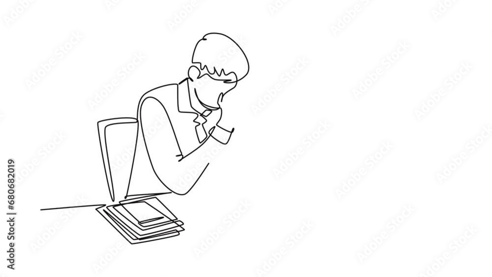 Aufkleber self drawing animation of single line draw of young tired male employee holding head while working i