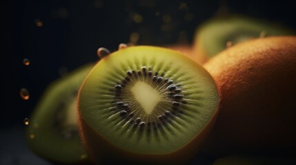  a close up of a kiwi fruit with drops of water coming out of the top of the kiwi and on the side of the fruit are oranges.