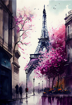 Paris, France watercolor artwork. AI generative