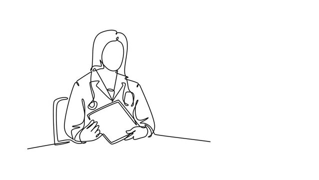 Animated self drawing of continuous line draw of young female doctor talking with stressed patient condition at hospital. Medical check up healthcare concept for worker. Full length one line animation
