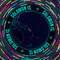 Solomon Islands on globe. Satellite view of the world centered on the Solomon Islands. Bright neon style. Futuristic radial bricks background. Astonishing vector illustration.