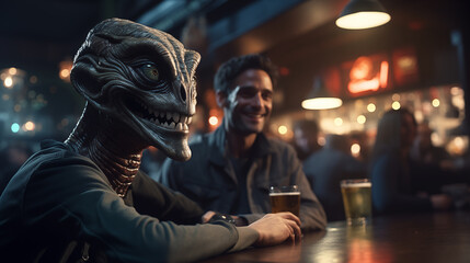 Futuristic portrait of a friendly alien sitting in a London pub with surprised citizens.