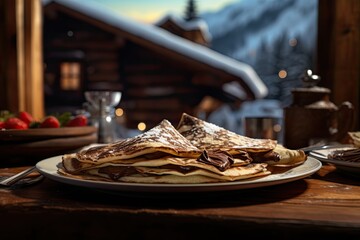 Chocolate crepes on a light wood table in a chalet , generative AI
