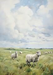 Obraz premium Painting of sheeps on a grassy field, generative AI