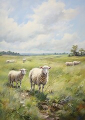 Fototapeta premium Painting of sheeps on a grassy field, generative AI