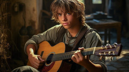 Teenage boy playing guitar in rustic setting.