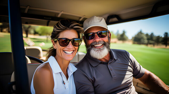 A retired couple enjoying a golf course in an electric buggie