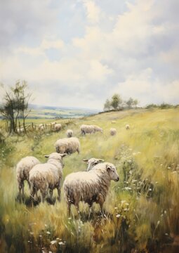 Painting of sheeps on a grassy field, generative AI