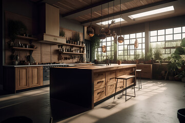 Kitchen interior with wooden furniture and large windows in luxury house.
