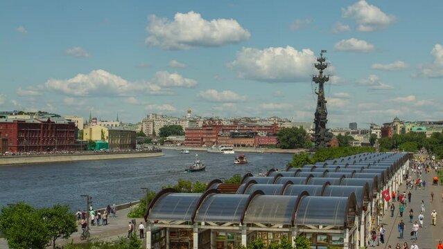 Panoramic view of the monument to Russian emperor Peter the Great, on the waterfront. Timelapse Moscow, Russia