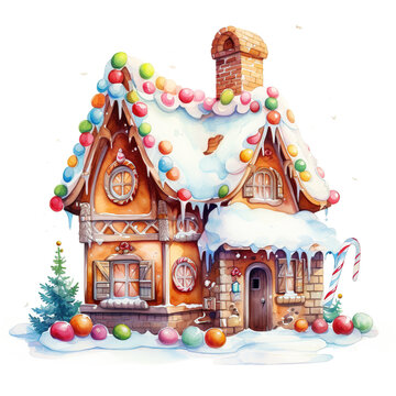Christmas gingerbread house decorated with candies and glaze isolated on white background. Watercolor illustration. © milicenta