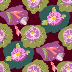 Fototapeta na wymiar Vector seamless bright floral pattern for textile on a dark background