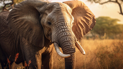 African elephant, textured skin, tusks gleaming, eyes full of emotion, standing in a Savannah during golden hour, dappled light