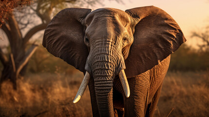 African elephant, textured skin, tusks gleaming, eyes full of emotion, standing in a Savannah during golden hour, dappled light