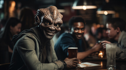Obraz na płótnie Canvas Futuristic portrait of a friendly alien sitting in a London pub with surprised citizens.