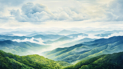 painting of the Appalachian Mountains, lush green valleys, misty peaks, snow-capped in the distance, warm sunlight