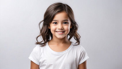 Fototapeta premium Girl smile isolated in white background, backdrop with copy space