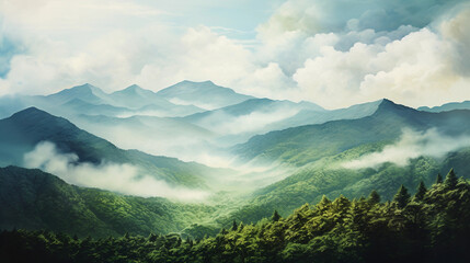 painting of the Appalachian Mountains, lush green valleys, misty peaks, snow-capped in the distance, warm sunlight