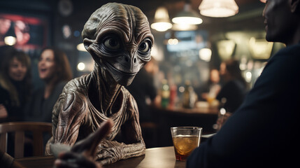 Futuristic portrait of a friendly alien sitting in a London pub with surprised citizens. - obrazy, fototapety, plakaty
