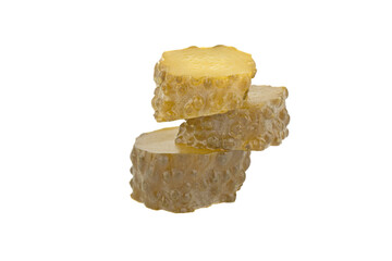 Sliced pickles isolated on white background. Cucumber vegetable pieces with seeds