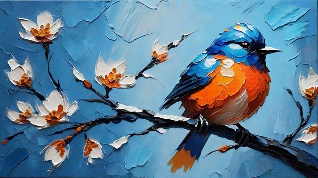 Oil painting of a blue and orange bird on spring branch, Watercolor, Acrylic Painting, Canvas Texture, Brush Strokes. Illustration oil painting, blue background
