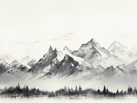 Japanese ink painting style of the Teton Range, stark, minimalistic, snow-capped peaks in the background, poetic simplicity