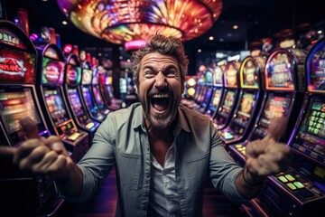 Happy man won in casino in slot machine