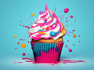 Pop art, stylized cupcake with vibrant frosting and sprinkles, flat, cartoonish, vivid color palette