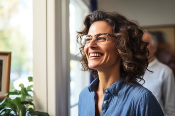 Middle aged woman smiling and staring at the window