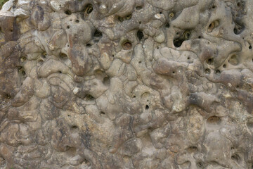 The background is made of beautiful stone forming waves and interesting cavities. Close-up of a large natural stone with unusual formations. Stone background concept.