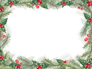 Fototapeta na wymiar Christmas spruce branches. Green ilex leaves with bunch of red berries. Frame with fir, evergreen plant, Holly leaves. Copy space for text. Watercolor illustration for label, package, greetings.
