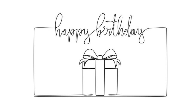animated continuous single line drawing of handwritten words happy birthday with gift box, line art animation