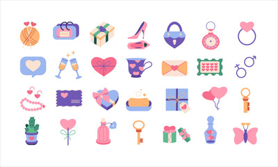 Set of colored isolated icons. Valentine's Day. Vector