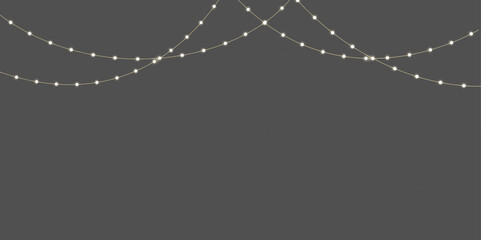 Christmas lights isolated. Glowing garlands on transparent dark background. Realistic luminous elements. Bright light bulbs for poster, card, brochure or web. Vector illustration