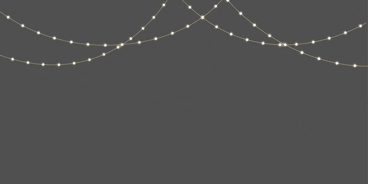 Christmas lights isolated. Glowing garlands on transparent dark background. Realistic luminous elements. Bright light bulbs for poster, card, brochure or web. Vector illustration