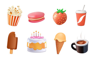 Sweets 3D icons set. Sweet dessert, strawberry, cute cake, ice cream, chocolate, coffee, macaroon, popcorn. Tasty food
