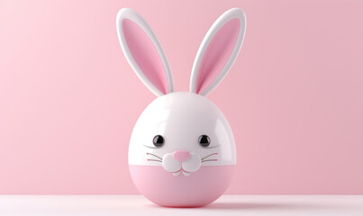 Obraz premium Primitive 3d illustration of a bunny. Cute minimalist figurine with a weighted bottom for stability, tumbler, portrait on a pink background. 3D banner of toy Easter symbol. Cartoon character 3d rabbit